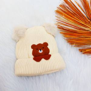 کلاه بافت بچهگانه طرح خرس رنگ کرم کد 155-300